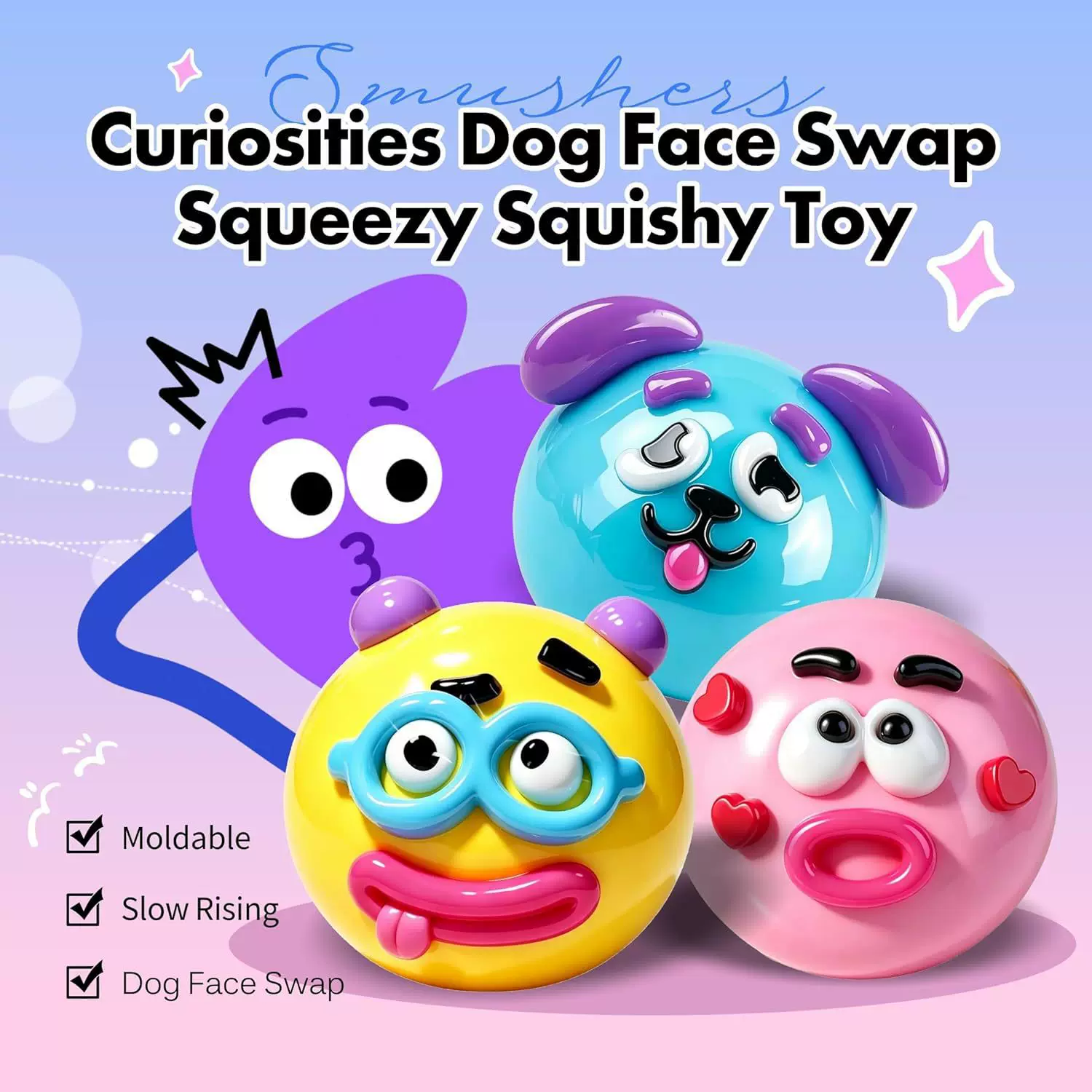 Dog Face Swap Squishy - a fun toy featuring a slow-returning, squeezable design with a changing face
