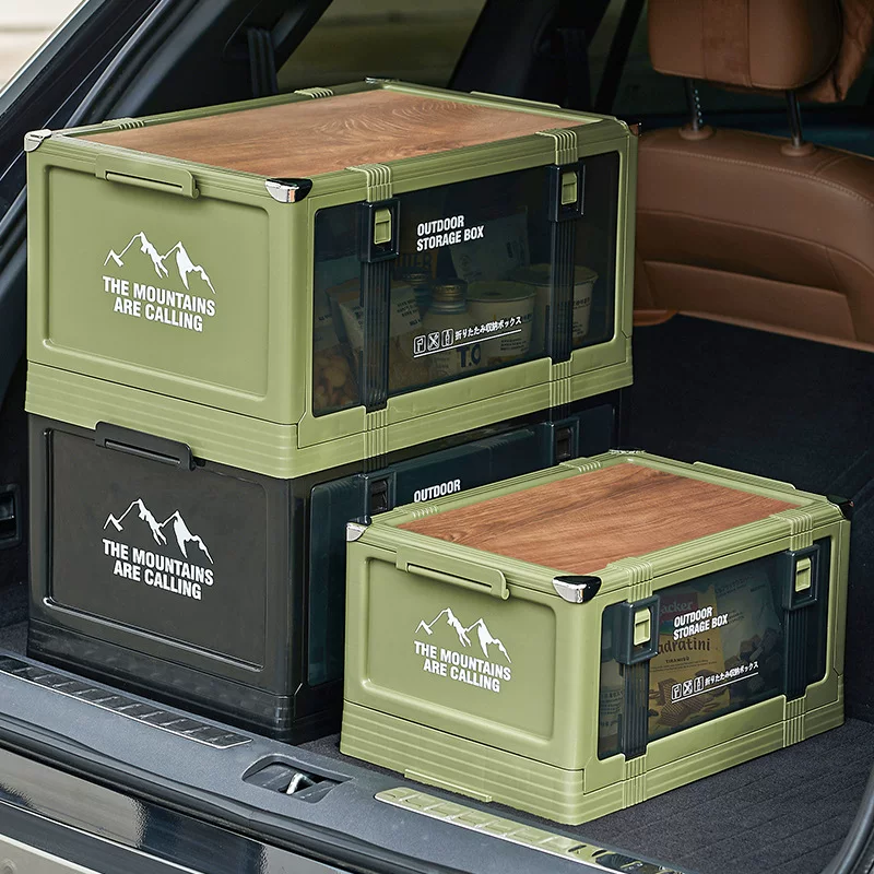 Outdoor camping box, camping car trunk organizer, travel essential, wooden lid, foldable, stackable, thick storage box, plastic