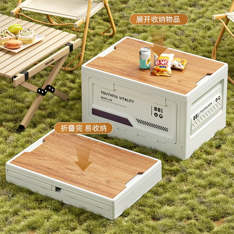 Outdoor camping storage box with side opening, camping wooden lid, folding box, car trunk storage box, plastic storage box