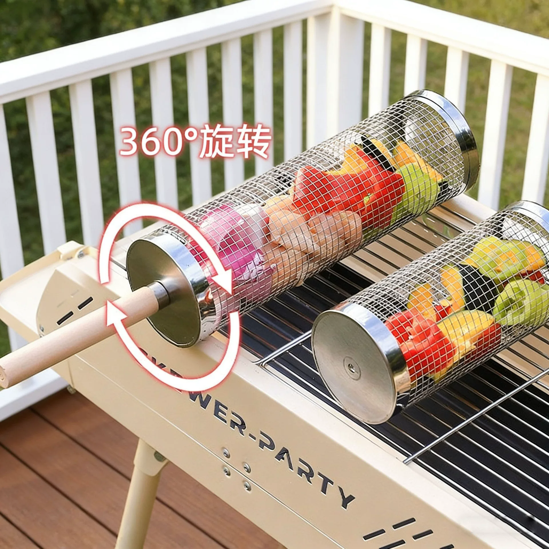 Cross-border rolling wooden handle barbecue cage, stainless steel round barbecue cylinder, outdoor barbecue rack, portable barbecue basket, barbecue net