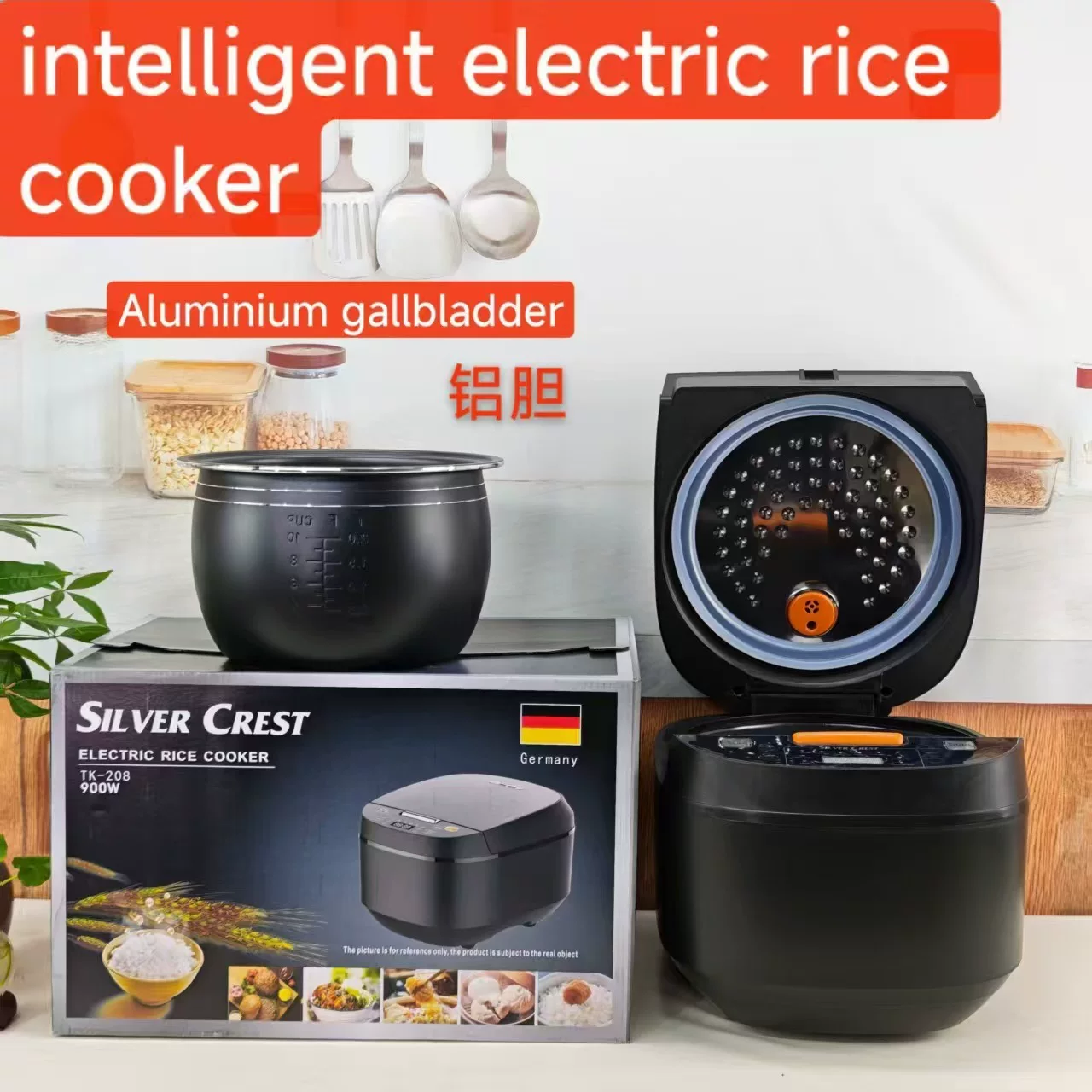 Rice cooker, 5L capacity, smart timer, household use, non-stick pan