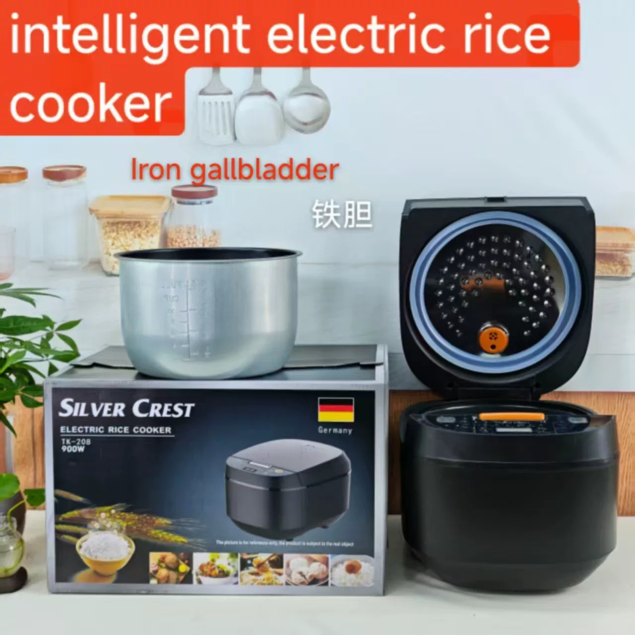 Rice cooker, 5L capacity, smart timer, household use, non-stick pan