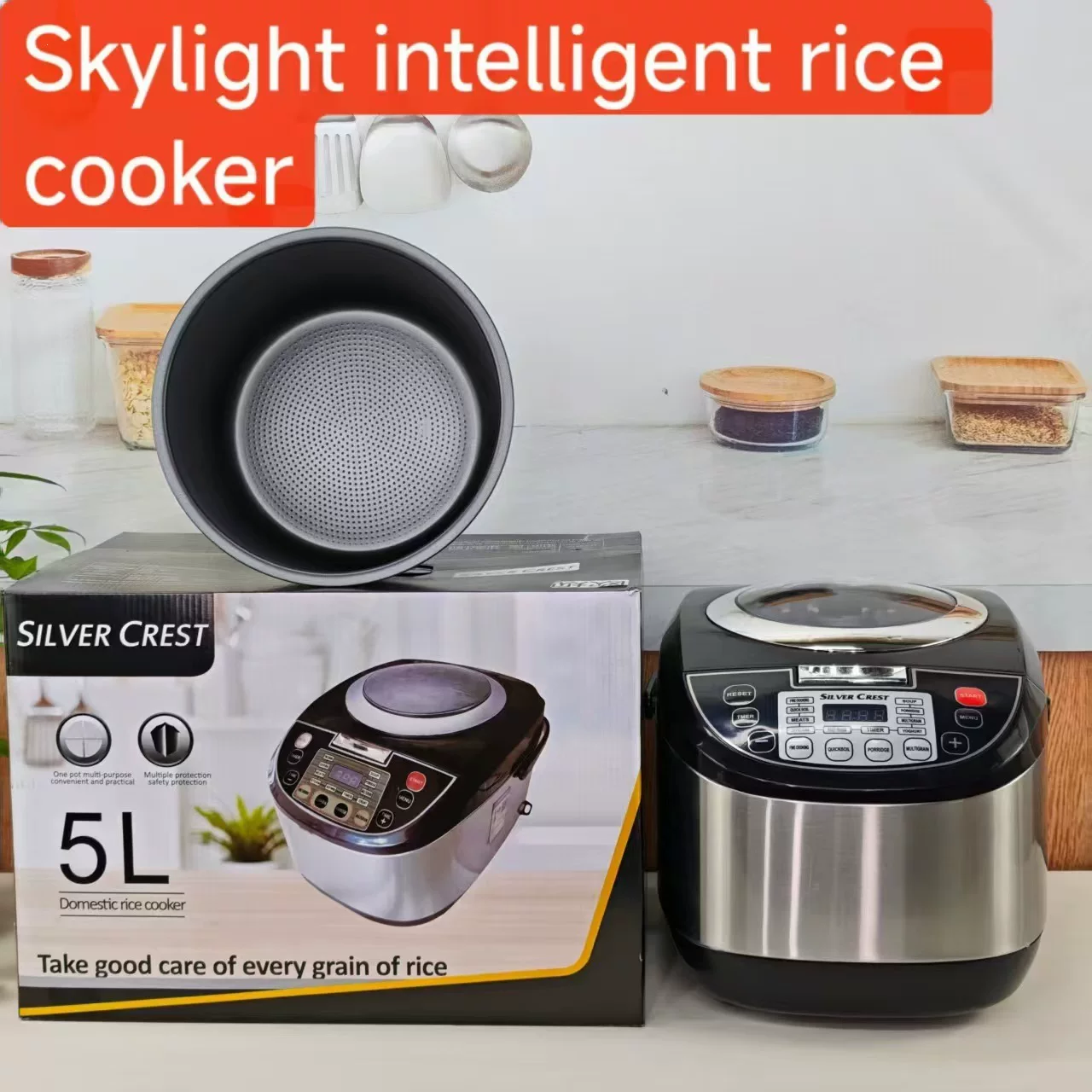 Rice cooker, 5L capacity, smart timer, household use, non-stick pan