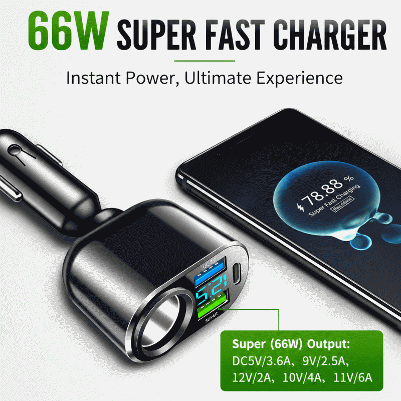 New digital cigarette lighter 66W PD, 30W fast charging head, cross-border one-to-four vehicle charger, multi-functional car charger