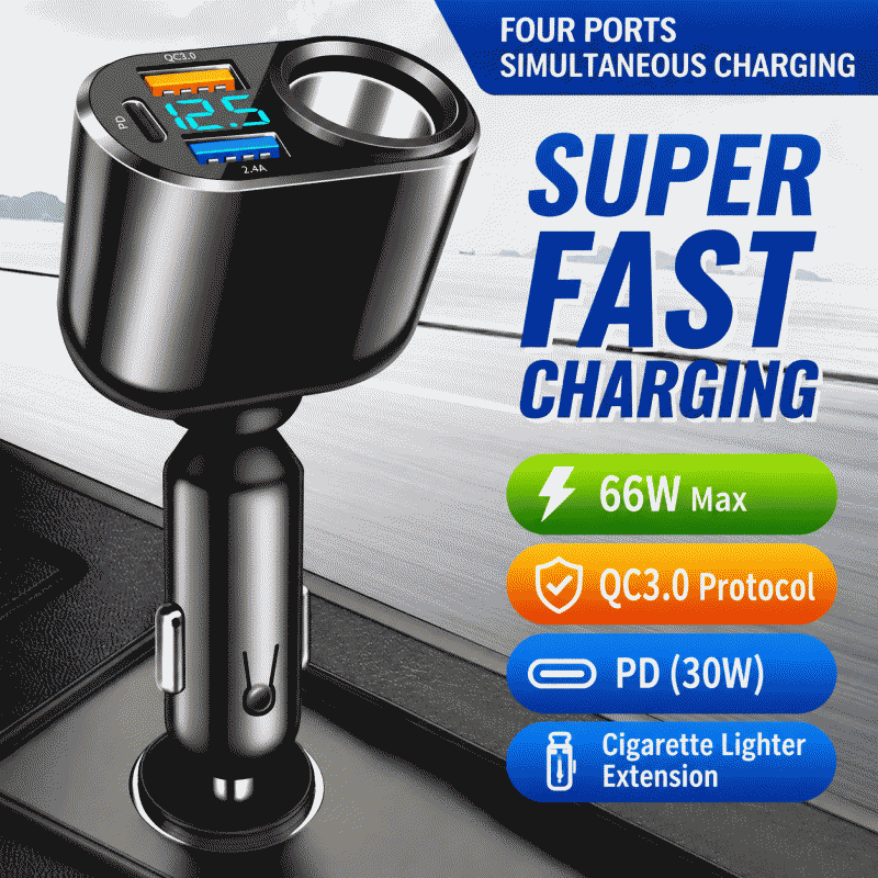 New digital cigarette lighter 66W PD, 30W fast charging head, cross-border one-to-four vehicle charger, multi-functional car charger