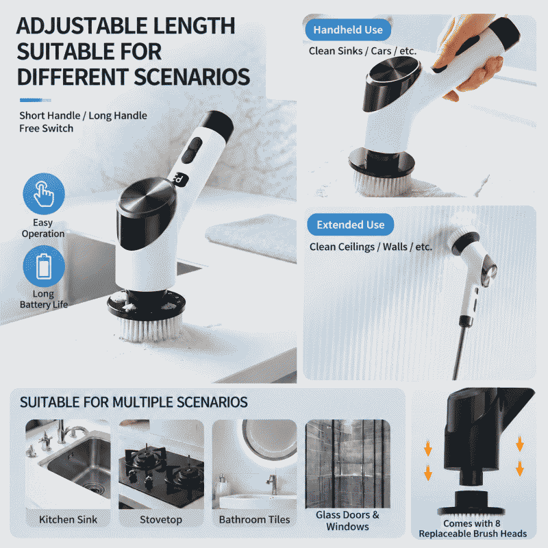 New type of cleaning brush with steel wool balls for export, multi-brush head, long handle, handheld, kitchen and bathroom cleaning wonder, electric cleaning brush