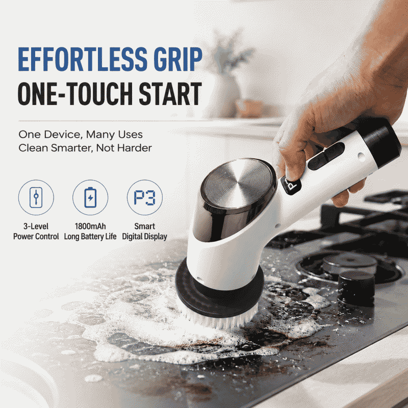 New type of cleaning brush with steel wool balls for export, multi-brush head, long handle, handheld, kitchen and bathroom cleaning wonder, electric cleaning brush