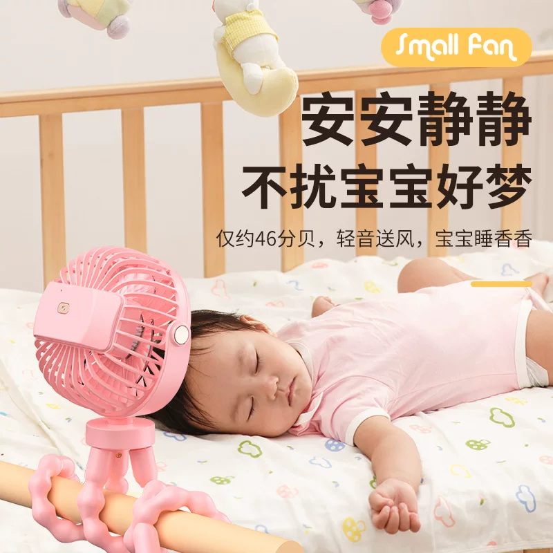 Mini-Achterhai-Handventilator für Babywagen, tragbar, leise, wickelbar und zusammenklappbar für den Außenbereich mit Ladefunktion