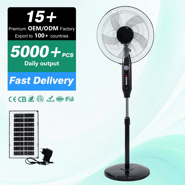 16-inch solar-powered floor-standing fan with lighting, suitable for indoor and outdoor emergency use