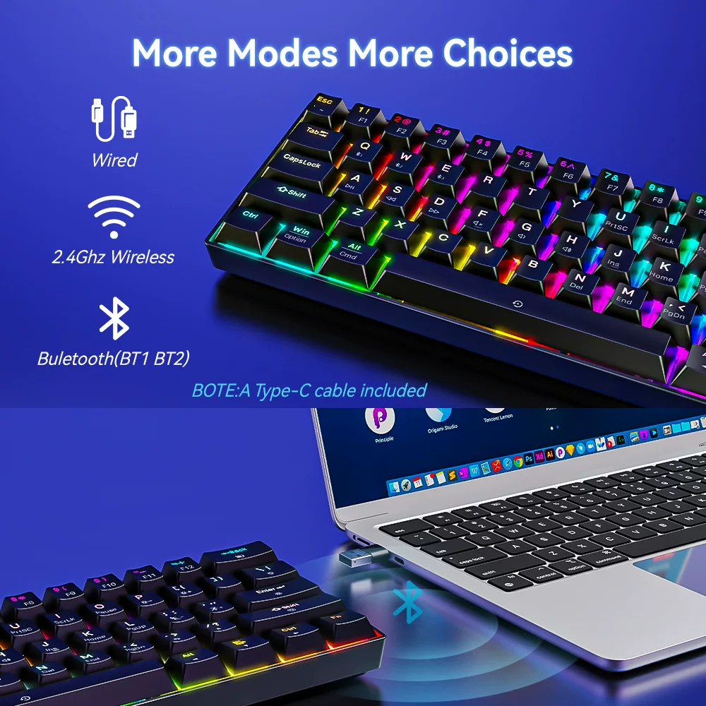 Bluetooth Triple Mode Mechanische Tastatur 61-Tasten RGB beleuchtete Tastatur mit Tastenbelegung Gaming Wireless Gaming Keyboard