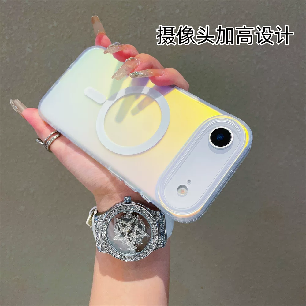 适用苹果18promax镭射渐变手机壳17Pro磁吸壳iPhone17磨砂变色龙