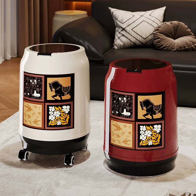 Mid-century style trash can, press-type with lid and wheels, household garbage bin, suitable for dormitory, bedroom, and living room, no need to bend down, storage bin